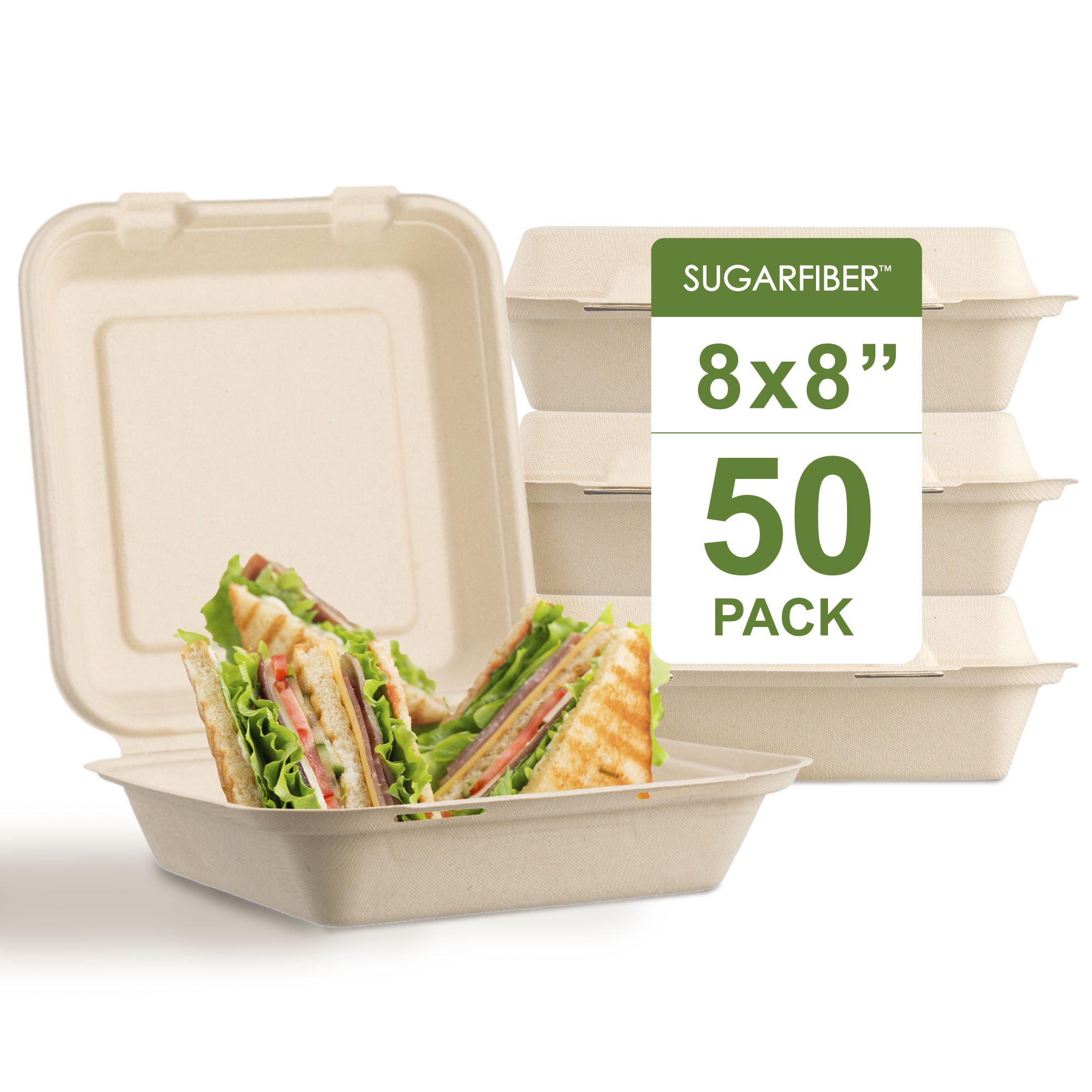 Sugarfiber Disposable 8x8" Compostable Rectangular Hinged Container
