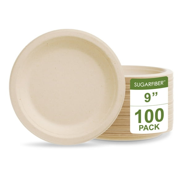Sugarfiber Disposable 9 inch Compostable Round bagasse Paper Plates 50 Count