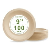 (100 pcs) 9" in Round Disposable Plates - Natural Sugarcane Bagasse Bamboo Fibers Sturdy Nine Inch Compostable Eco Friendly Environmental Paper Plate Alternative 100% by-product Tree Plastic Free