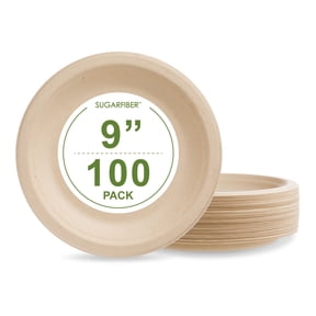 (100 pcs) 9" in Round Disposable Plates - Natural Sugarcane Bagasse Bamboo Fibers Sturdy Nine Inch Compostable Eco Friendly Environmental Paper Plate Alternative 100% by-product Tree Plastic Free