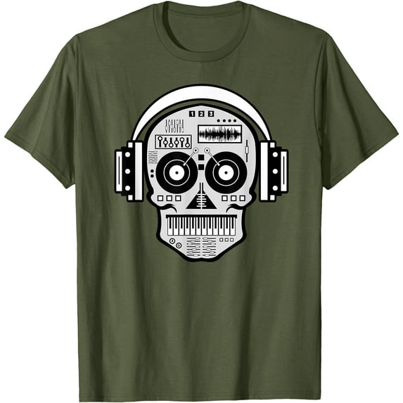 Sugarskull DJ Table Disc Jockey Headphones Softstyle Unisex T-Shirt,Military Green Color,Size 2XL