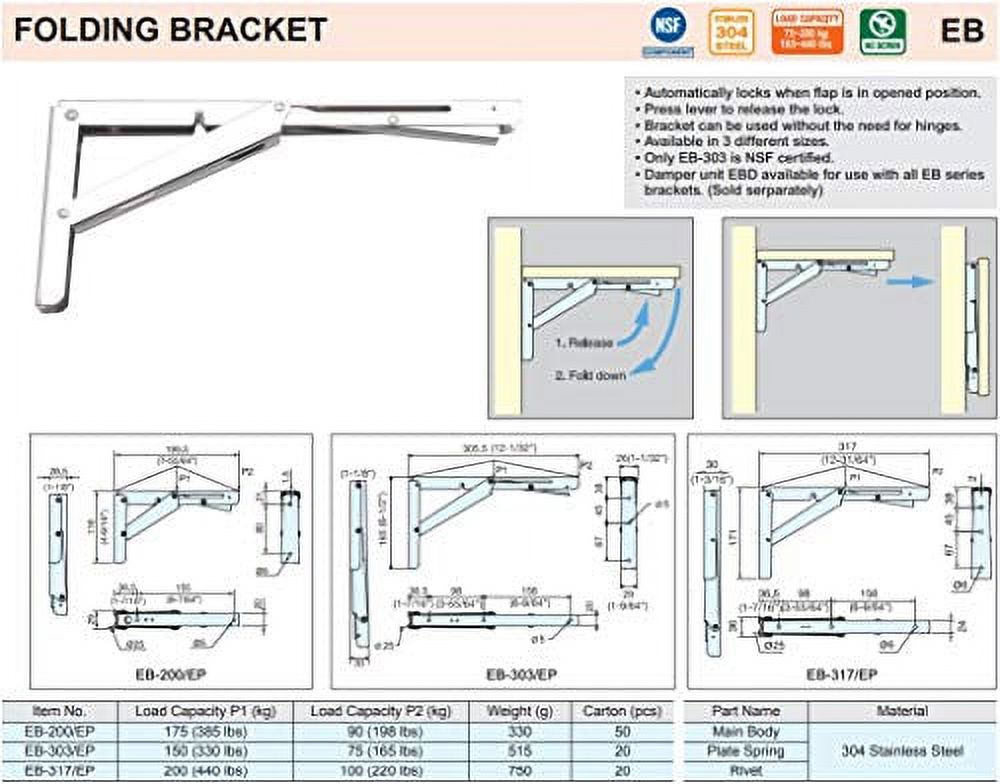 Sugatsune EB-317/EP Stainless Steel Folding Shelf Bracket - 304 SS, 385 Lbs/pair Capacity, Auto-Lock