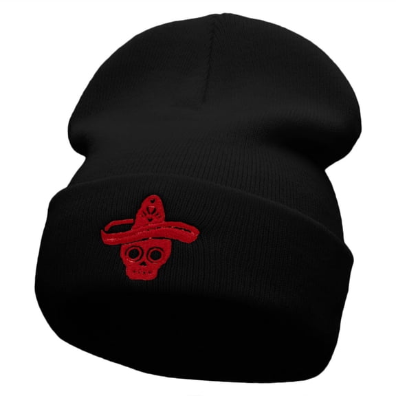 Suger Skull Sombrero Embroidered 12 Inch Long Knitted Beanie - Black OSFM