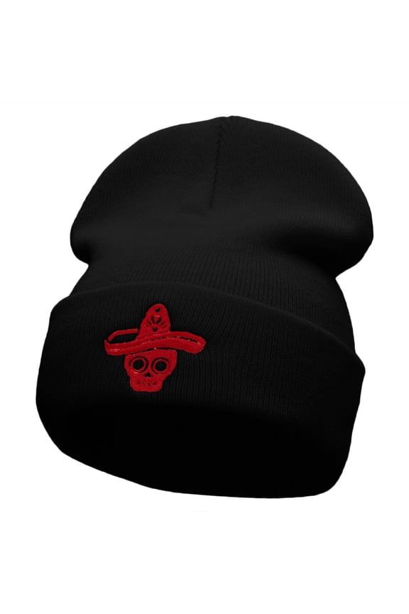 Suger Skull Sombrero Embroidered 12 Inch Long Knitted Beanie - Black OSFM