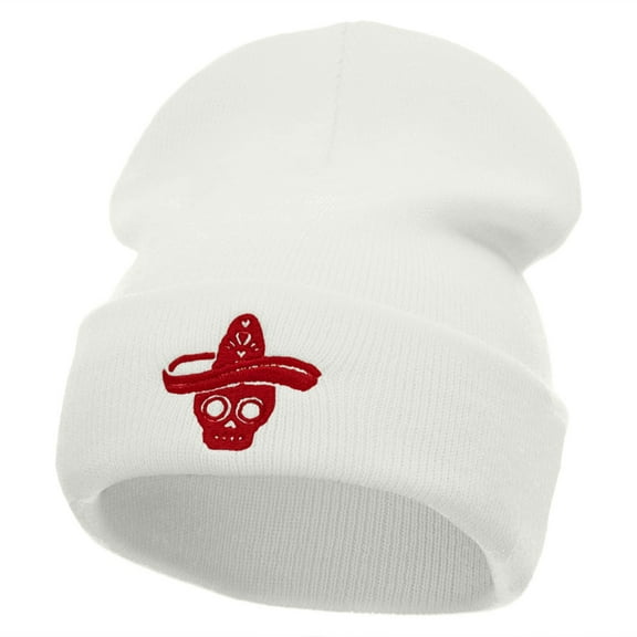Suger Skull Sombrero Embroidered 12 Inch Long Knitted Beanie - White OSFM