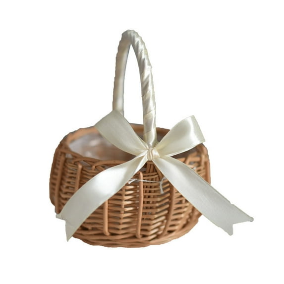 Sugeryy Bridal Bowknot Basket Wedding Flower Girl Portable Willow Handle Woven Home Decor Party