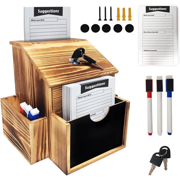 Suggestion Box with 50 Suggestion Cards 3 pens Wood Donation Box with Slot and Secure Lock Prayer Boxes for Fundraising ballot box Tip Drop Ballot Boxes with Double-sided Chalkboard and Keys