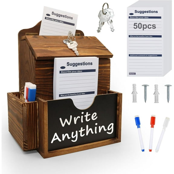 Suggestion Box with 50 Suggestion Cards Wood Donation Box with Slot and Lock Prayer Boxes for Fundraising Tip Drop Ballot Boxes Wall Mounted with Chalkboard and Keys for Church Office