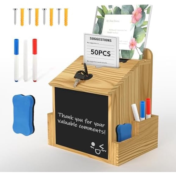 Suggestion Box with Acrylic Sign Holder, Locking Donation Box for Office Feedback,Donation, Ballot & Fundraising, Wooden Comment Box for Office, Events, Countertop or Wall Mount