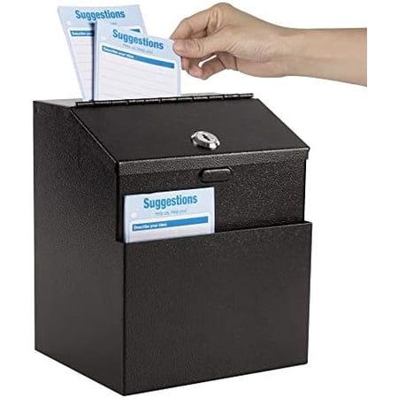 Suggestion Box with Lock and 50 Free Suggestion Cards, Metal Wall Mounted Ballot, Donation and Collection Key Drop Box with Slot & 2 Keys, 8H x 5.7W x 7L Inch, Black
