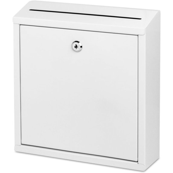 Suggestion Box with Lock and Slot, Wall Mounted Metal Drop Box with 4 Keys, Secure Locking Box for Cash and Ballots, Office MailBox, 10.4 x 2.9 x 11 Inch, White