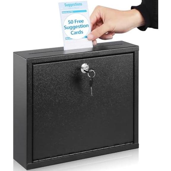 Suggestion Box with Lock and Slot, Wall Mounted Small Mailbox for Office, Key Drop Box with 50 Free Suggestion Cards, Safe Lock Box, Ballot Box, Donation Box, 3W x 10H x 12L Inch, Black