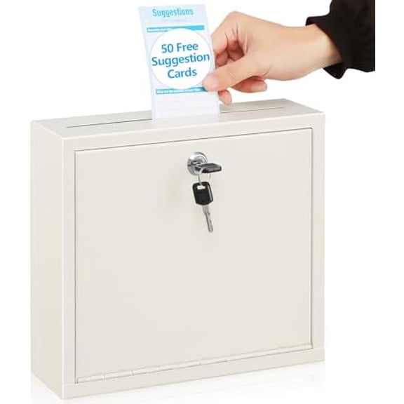 Suggestion Box with Lock and Slot, Wall Mounted Small Mailbox for Office, Key Drop Box with 50 Free Suggestion Cards, Safe Lock Box, Ballot Box, Donation Box, 3W x 10H x 12L Inch White