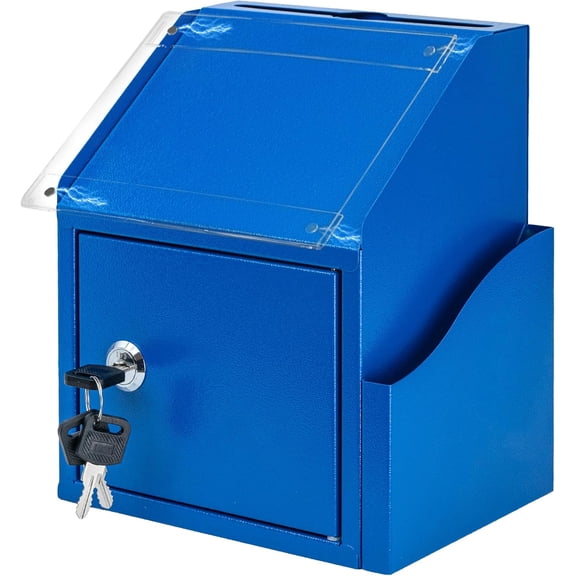 Suggestion Box with Slot and Lock, Secure Metal Ballot Box for Donation or Comment Collection, Wall Mounted or Countertop Donation Boxes for Fundraising, For Office, School, or Event Use (Blue)