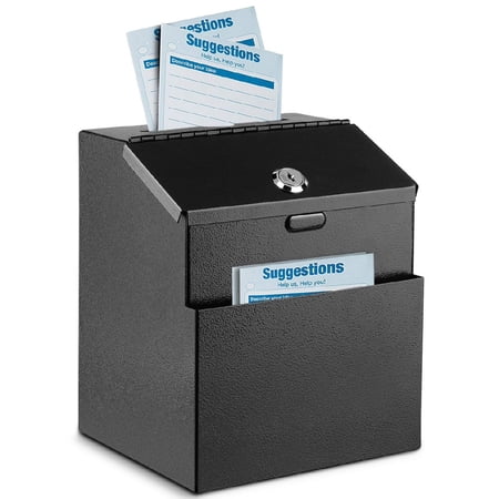 Suggestion Box with Slot and Lock - Wall Mounted Multi-Purpose Offering, Ballot Box with Lock - Metal Donation Drop Box with 25 Suggestion Cards, 2 Screws, 2 Expansion Bolts & 2 Keys (Black)