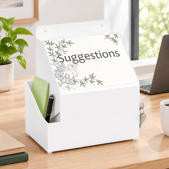 Suggestion Box With Lock & 5"x7" Sign Slot Side-pocket White