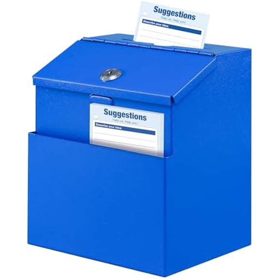 Suggestion Box with Lock, Metal Wall Mounted Donation and Ballot Drop Box with Slot & 2 Keys, 50 Free Suggestion Cards, 8H x 5.7W x 7L Inch, Blue
