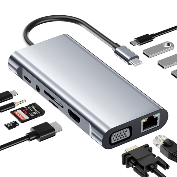 SUGIFT 11-in-1 USB C Hub Docking Station with 4K HDMI and SD Card Reader for Laptop and Tablet, Gray