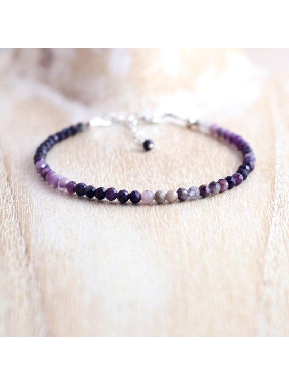 Sugilite 3mm Round Shape Faceted Cut Beads 7 inch Adjustable Silver Plated Clasp Bracelet for men, women, unisex. Link Chain Stacking Bracelet.|LINK_06262