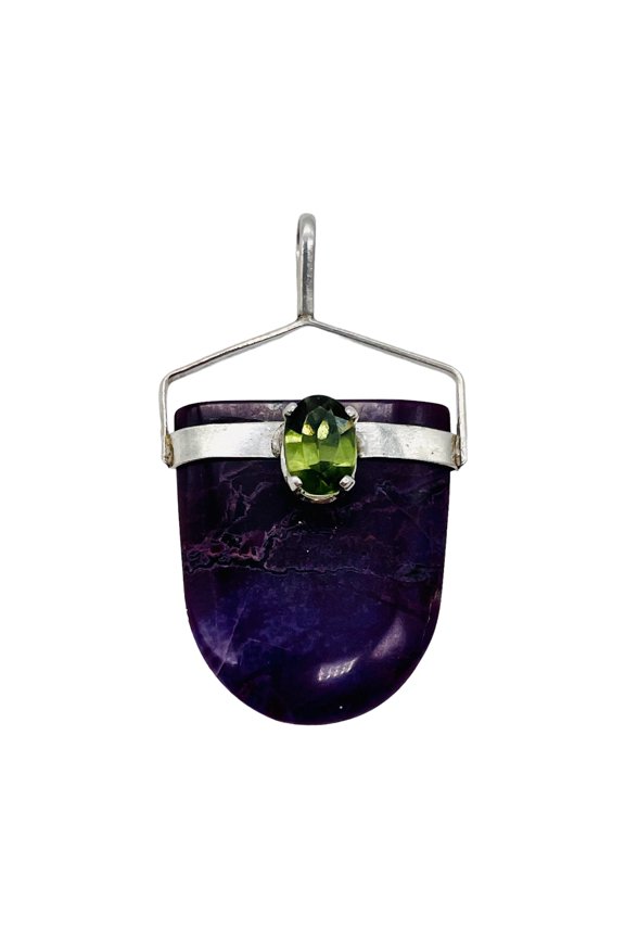 Sugilite Peridot Sterling Silver Oval Pendant | 1 1/2" Long | Purple Green | 1 |