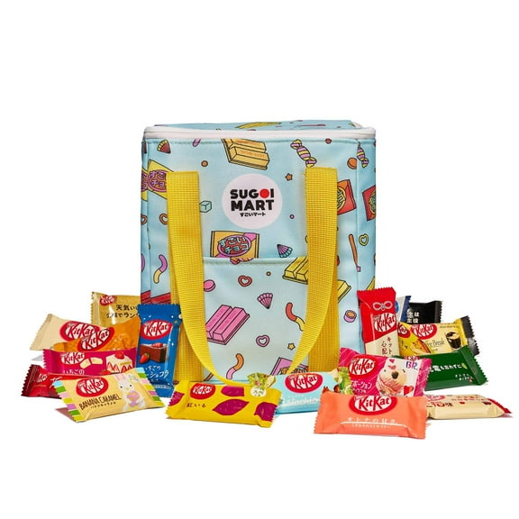 Sugoi Mart Japanese Kitkat Variety Pack - 60 Pcs Mini Kitkats Individually Wrapped Japanese Chocolate Wafer Bars, 7-10 Assorted Flavors with Stylish, Reusable Cooler Bag