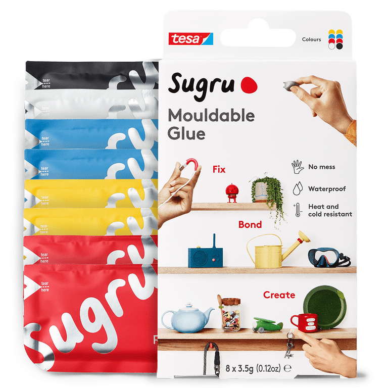 Sugru I000951 Moldable Multi-Purpose Glue for Creative Fixing and Making,  Black, White, Red, Yellow & Blue, 8 Piece
