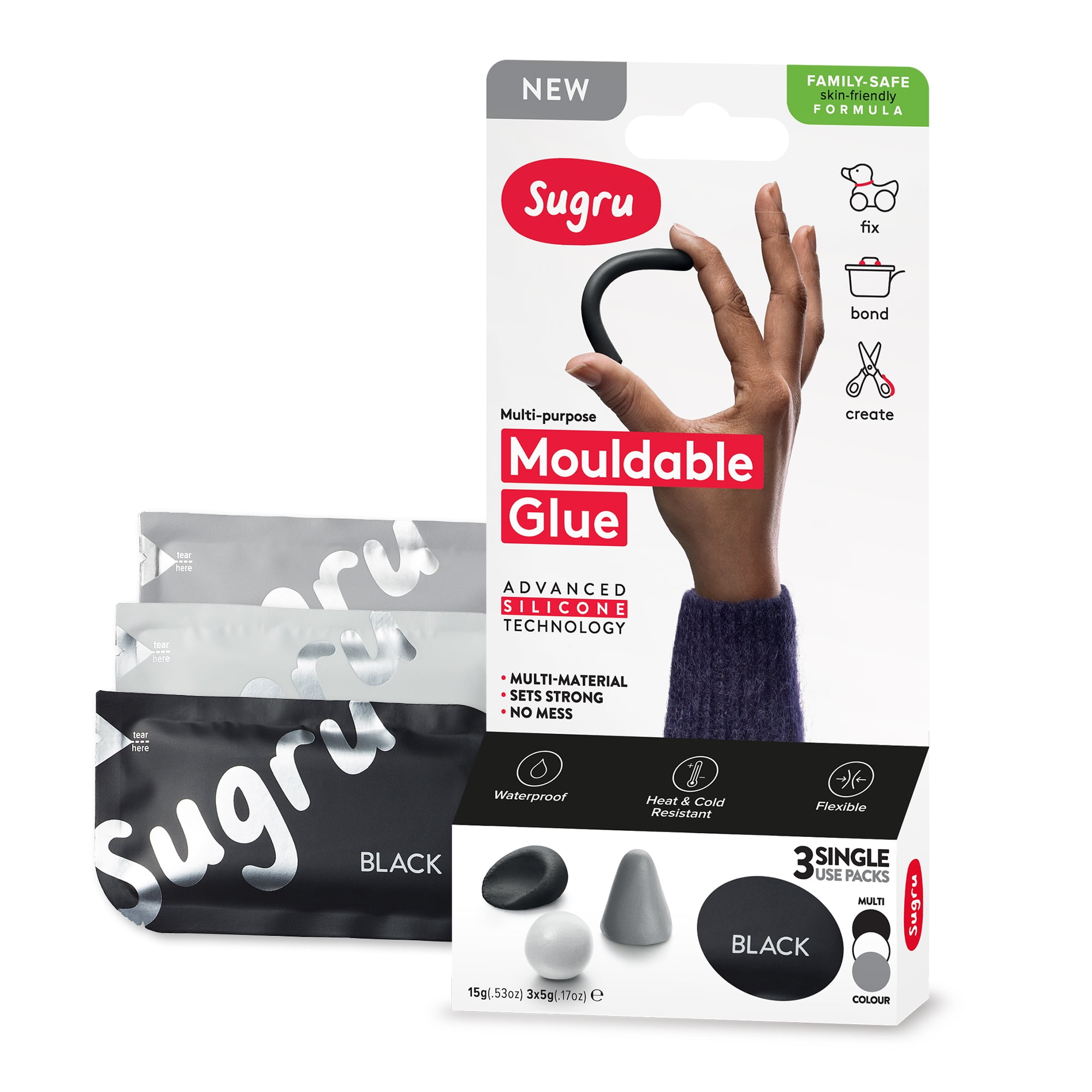 Sugru Mouldable Glue - Family-Safe | Skin-Friendly Formula - Black, White &  Grey (3-pack)