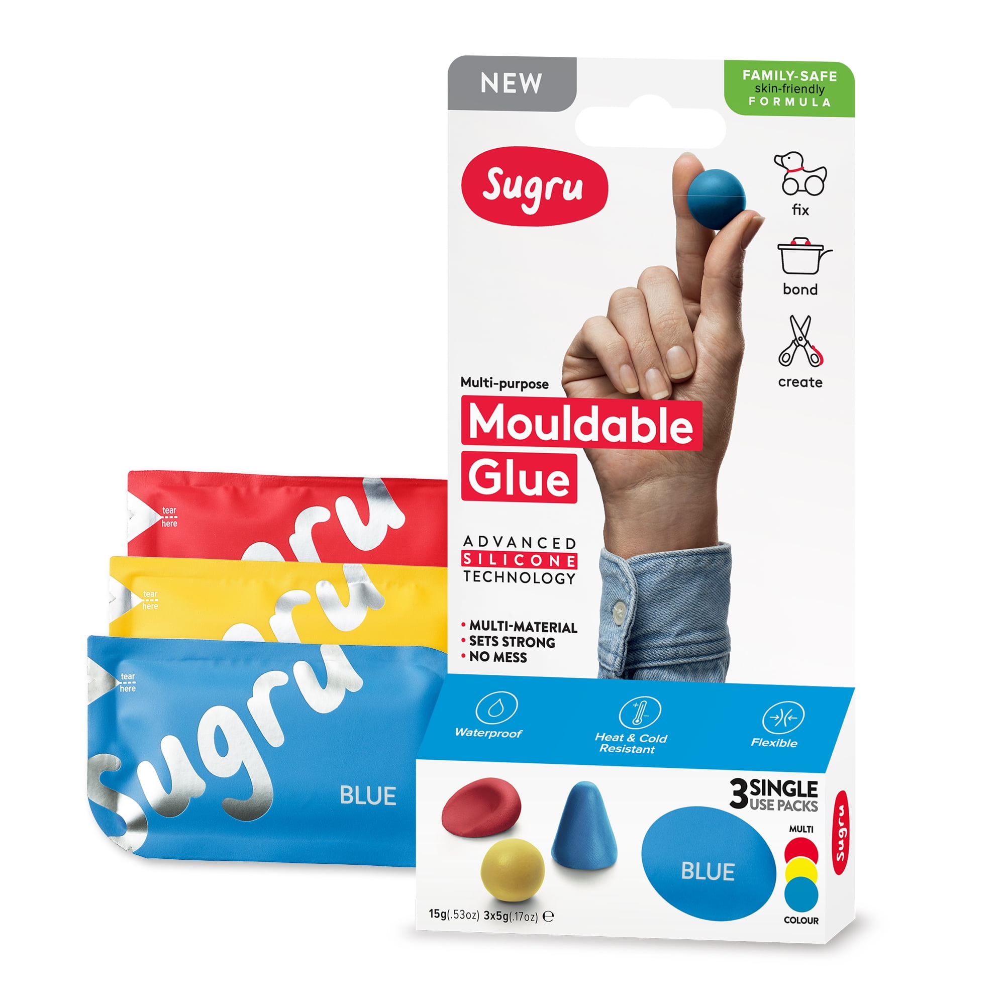 Sugru Mouldable Glue - Family-Safe | Skin-Friendly Formula - Red, Yellow &  Blue (3-pack)