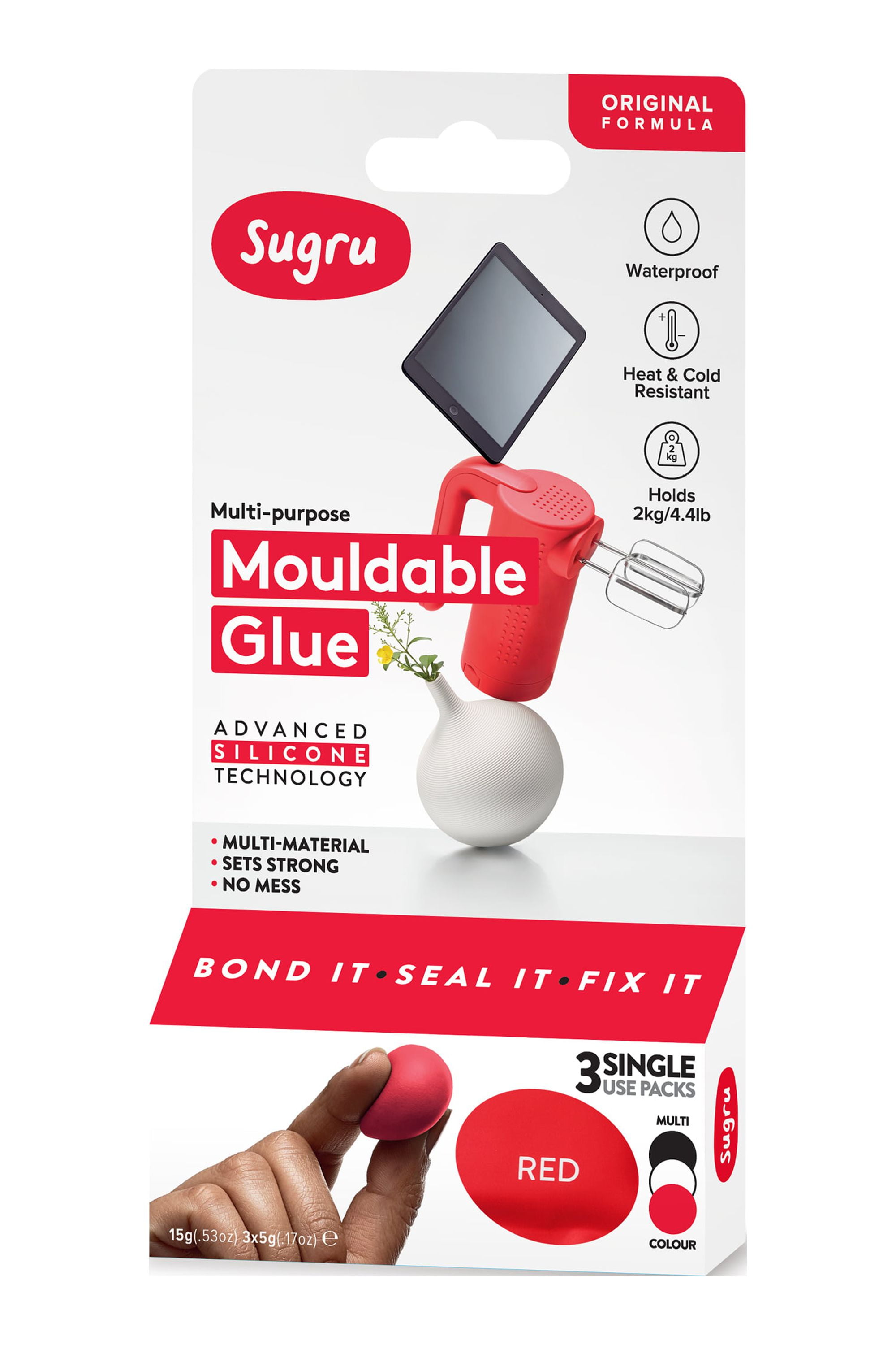Sugru Original Mouldable Glue - Black, White, Red 3 Pack - PAST DATE SPECIAL