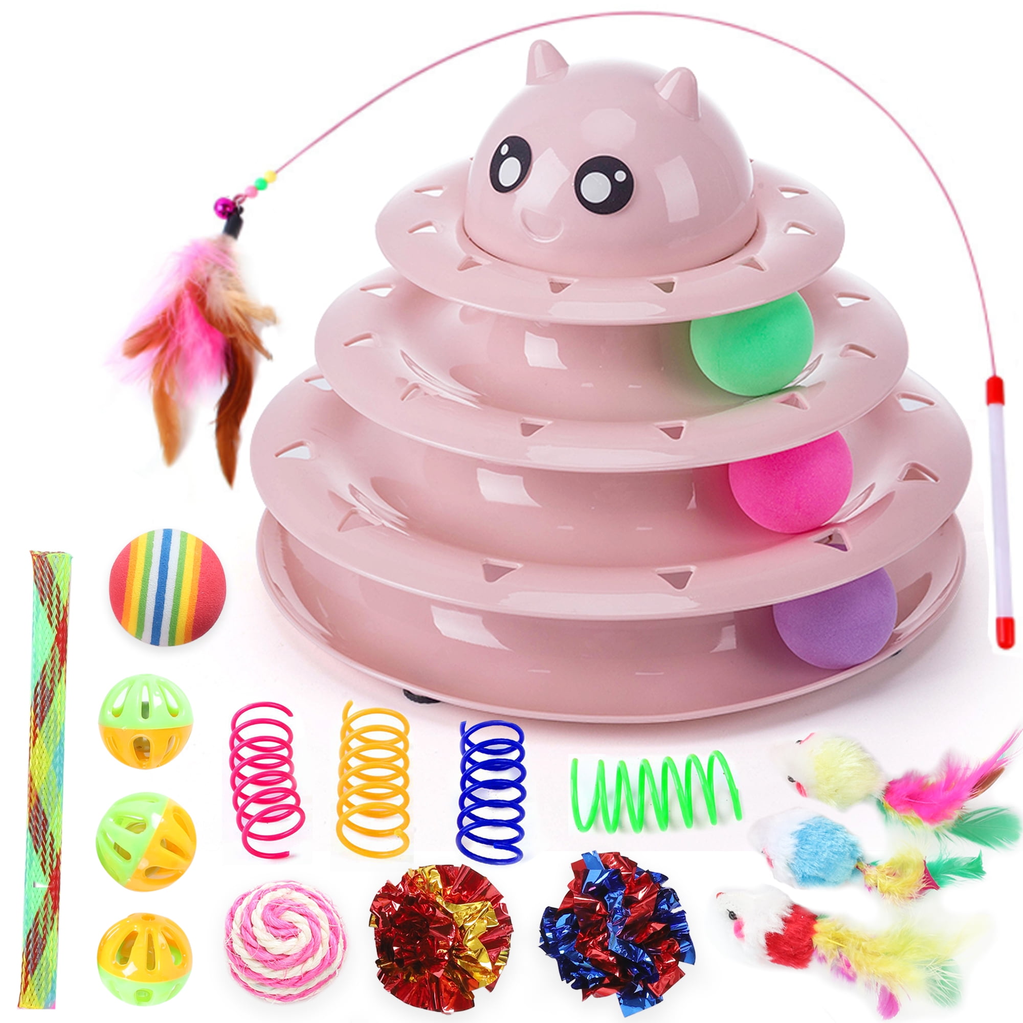 Suhaco 17 Pack Cat Toy Set Interactive Cat Toys Funny Roller Toy Exercise  Pet 3 Level Tower Toy Tease Kitty with 3 Colorful Balls Kitten Puzzle Toys  for Boredom Indoor Cats （Pink） 