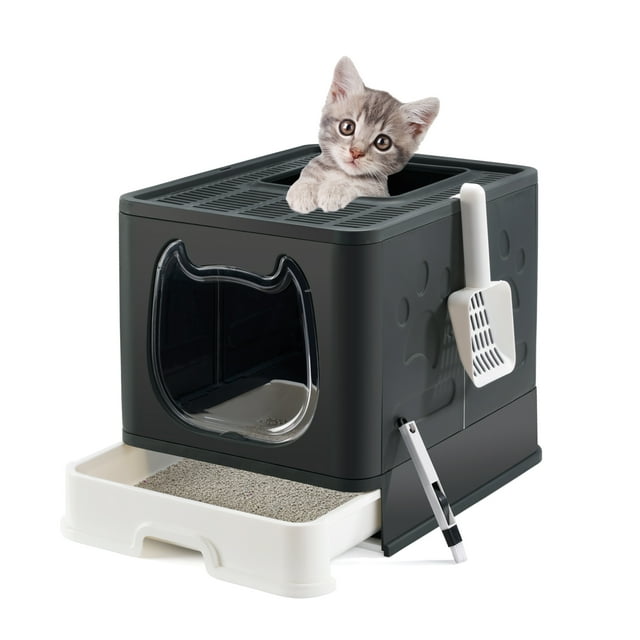 Suhaco Foldable Cat Litter Box with Top Entry, Lid, Scoop and 21