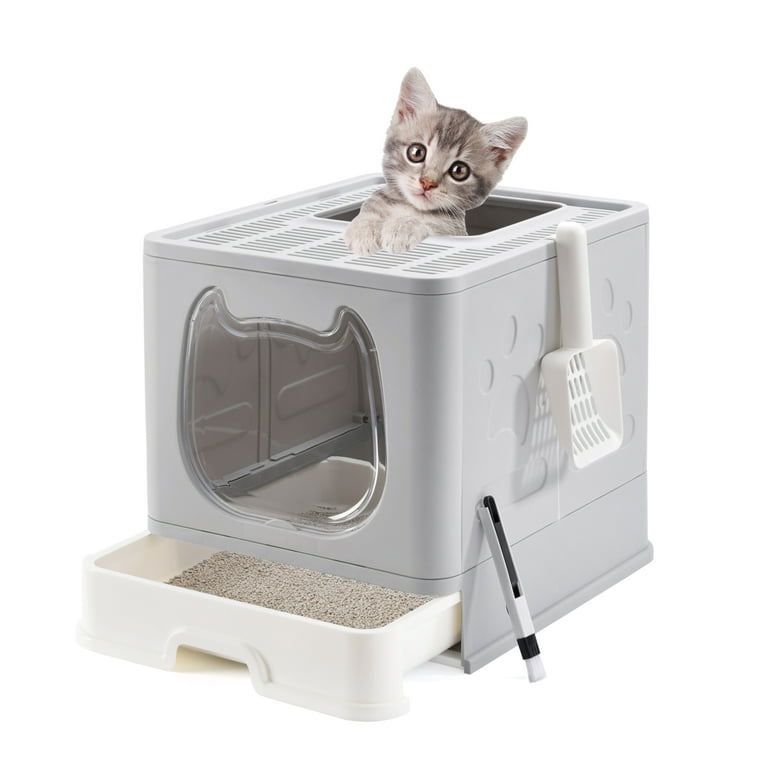 Suhaco Cat Litter Box Top Entry Covered Kitty Litter Box with Lid Foldable  Kitten Litter Tray Including Cat Litter Scoop and 2-1 Cleaning Brush Easy  Clean Up (Gray） 