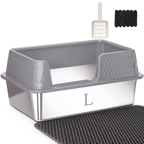 Suhaco Stainless Steel Cat Litter Box, High Plastic Splash Fence, Non-Stick Easy Clean with Litter Scoop, L, Gray