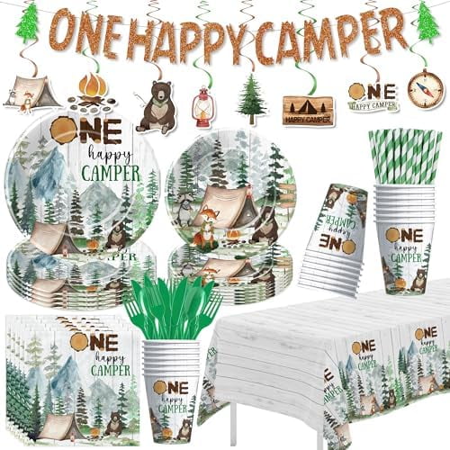 Suhelki Happy Camper 1st Birthday Decorations - Adventure Camping Theme. Paper Plates, Napkins, Cups, Cutlery, Swirls, Banner, Tablecloth for 24 Guests.