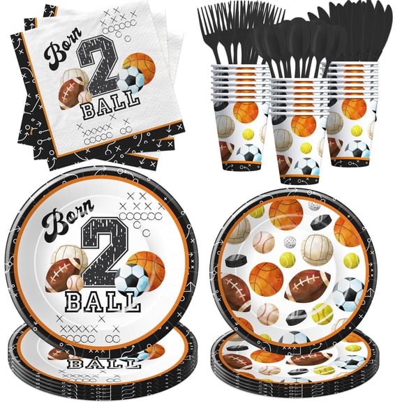 Suhelkit Sports 2nd Birthday Party Decorations Tableware, Born Two Ball Sports Party Supplies, Paper Plate, Napkin, Cup, Cutlery, Two-Year-Old Birthday Decorations Fit 24 Guests Y114