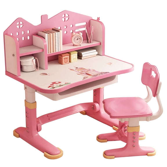 Suhire Kids Castle Theme Study Desk Set, Adjustable Height Desk with Backboard, Childrens Learning Table and Chair, Pink