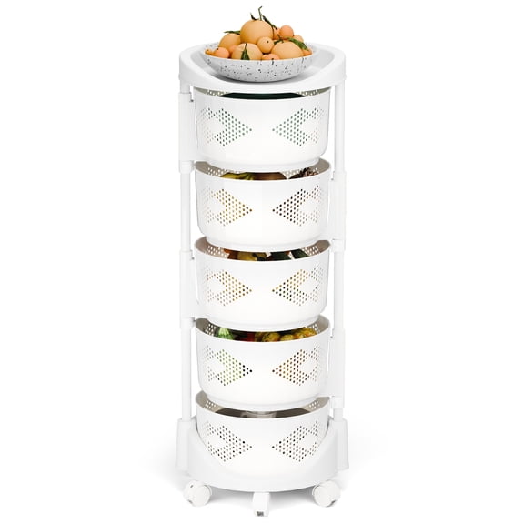 Suhire Rotating Kitchen Storage Cart, 5 Tier Circular Basket with Wheels,Rotating Fruit Vegetable Organizer