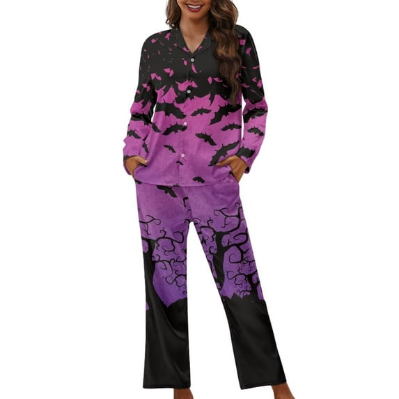 Suhoaziia Bat Silhouette Tree Branches Womens Pajamas with Pockets Lightweight Button-Down Nightwear Skin Friendly Set of 2 Outfits Round Neck Home Life Athletic Ladies Gift Fall Clothing XL