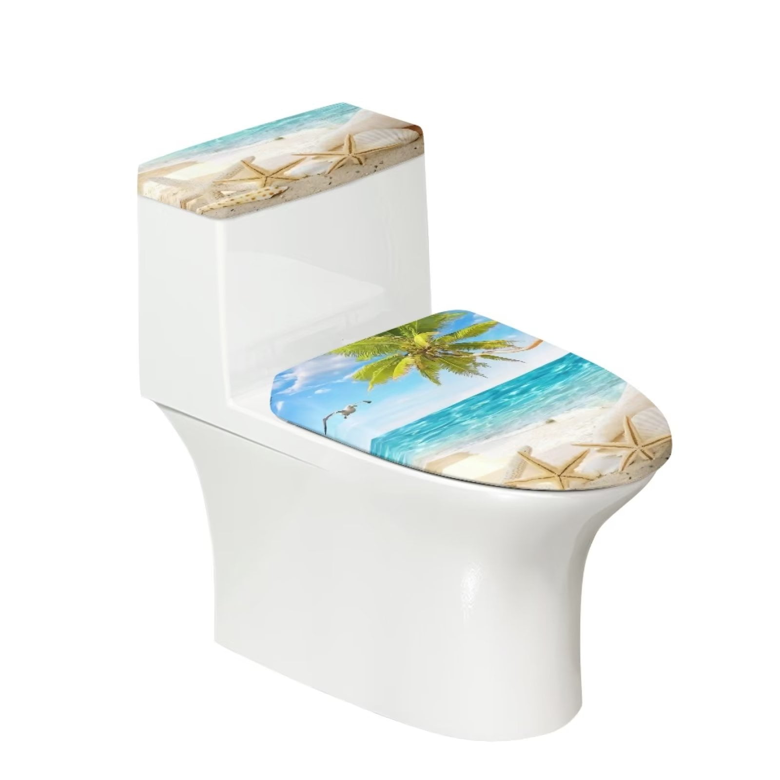 Suhoaziia Beach Waves Toilet Lid and Tank Cover Set Stretchable with Elastic Bottom Keep Toilet