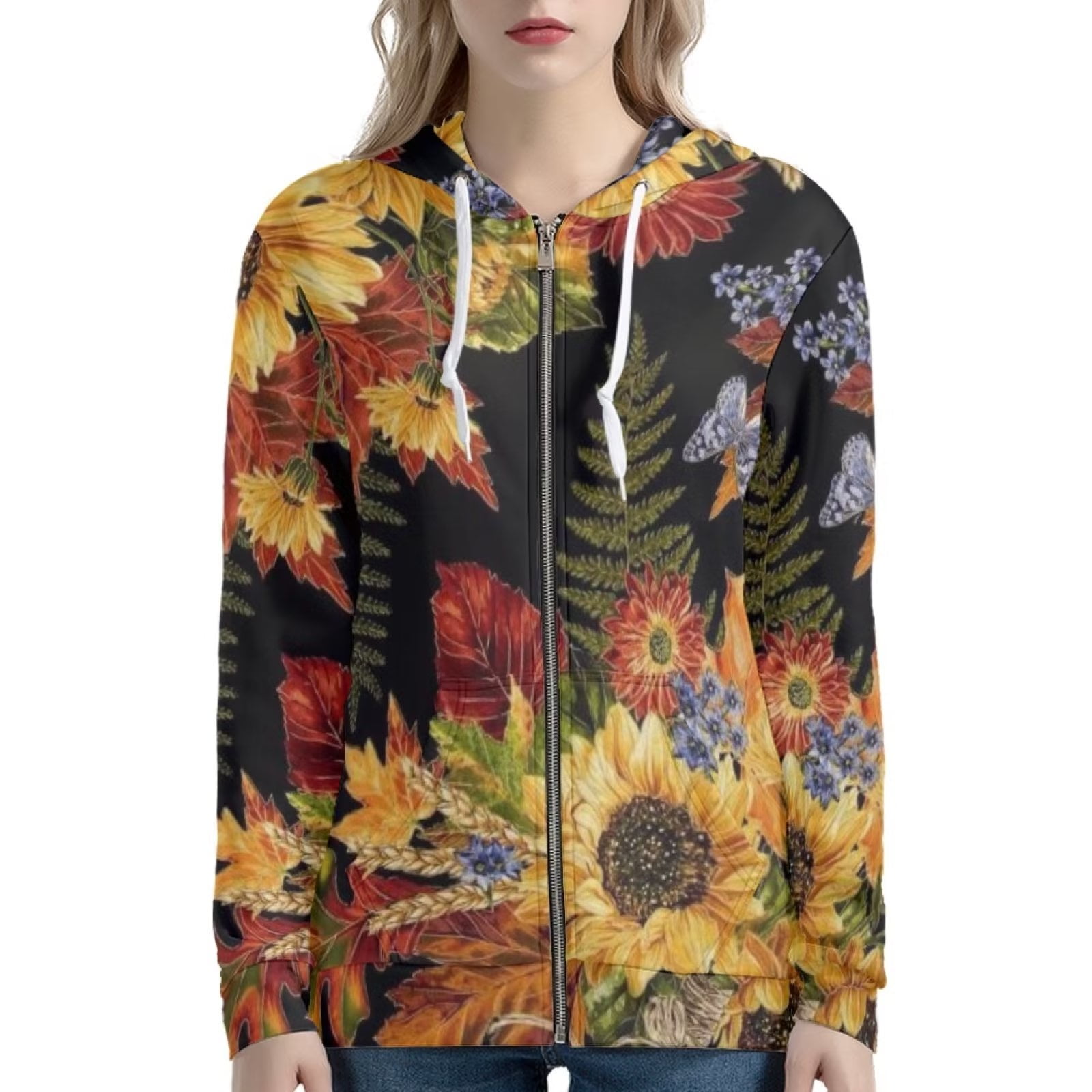 Suhoaziia Black Thin Zip Up Hoodie Women Harvest Sunflower Butterfly