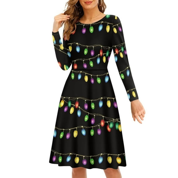 Suhoaziia Black Xmas Dresses for Women Size S Black Xmas Colored Light Bar Print Jumpskirt Long Sleeves Breathable Swing Skater Casual Holiday Womendress for Wedding Guest