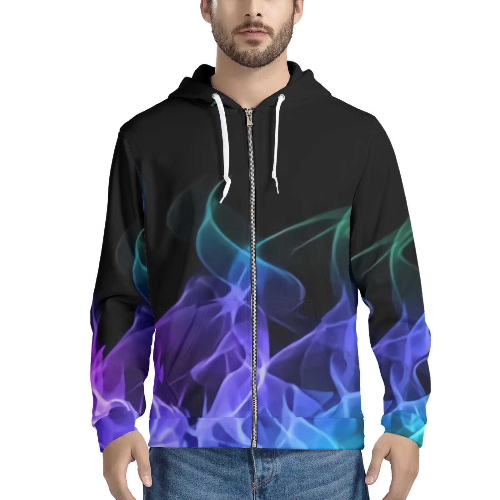 Suhoaziia Black Zip Up Hoodies for Men Graphic Novelty Purple Flame Graphic  Print Clothes Fall Soft Breathable Daily Life Jersey with Pocket Size 4XL