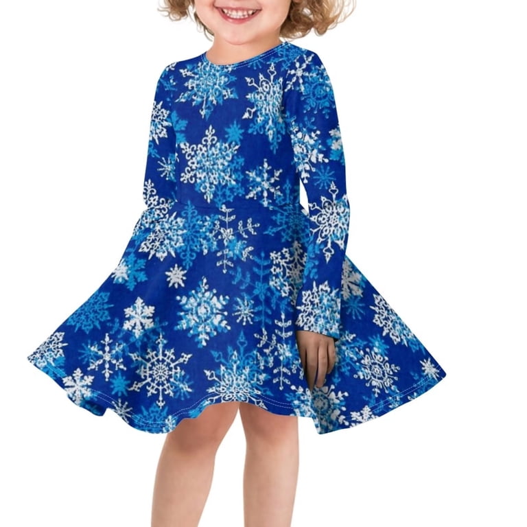 Suhoaziia Blue Christmas Snowflakes Dress Girls Size 7-8 Years Long Sleeve Dress Round Neck Pleated Kids Twirly Skater Dress Lightweight Thin Comfortable Flared Skirt Winter Party Dresses