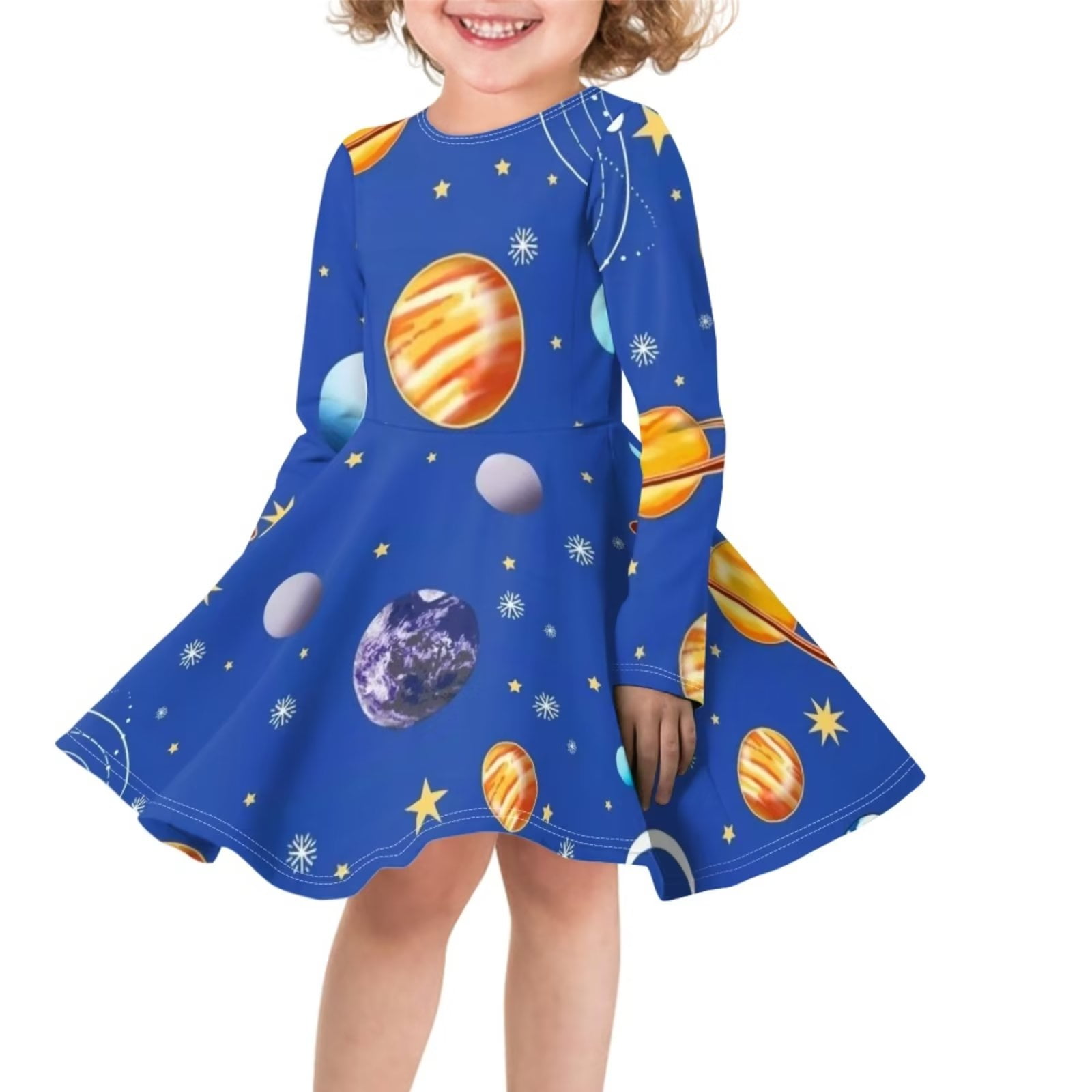 Suhoaziia Blue Winter Dresses for Elastic Playwear Round with Print Dress and Jumpskirt Girls A-Line Years Sleeves Neck Preppy 11-12 Cosmic Size Winter School Stars Toddler