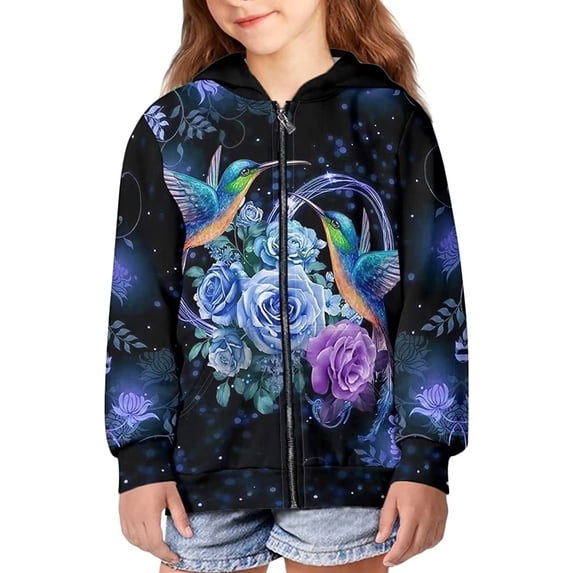 Suhoaziia Boys Zipper Hoodies for Youth Psychedelic Rose Hummingbird Streetwear Lightweight Sweatshirt Jacket Fashion Daily Casual Jersey with Pocket Size 6-7 Years