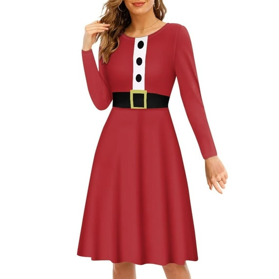 Suhoaziia Christmas Dresses for Women Size 4XL Xmas Santa Claus Dress Comfy Breathable Twirl Skirt Winter Novelty Going Out A-Line Jumpskirt with Sleeves