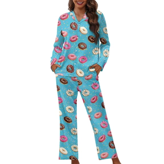 Suhoaziia Comfy Pajamas for Women Set Novelty Comfortable Button Down Lounge Wear Print Graphic Donut Biscuits Long Sleeve Sweatshirt Matching Set Daily Wear Size L,Pajama Lingerie