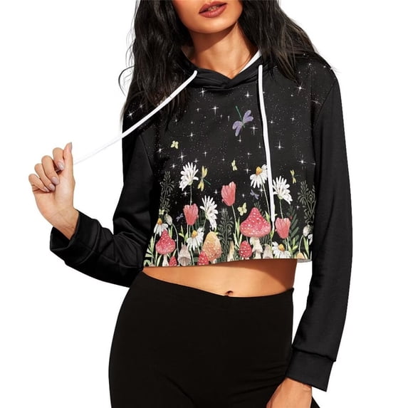 Suhoaziia Crop Pullover Hoodies for Women Aesthetic Flower Hoodie Sweatshirt Athletic Clothing Preppy Sportswear Fit Size 4XL Casual Drawstring Workout Shirts Novelty Daily Wear