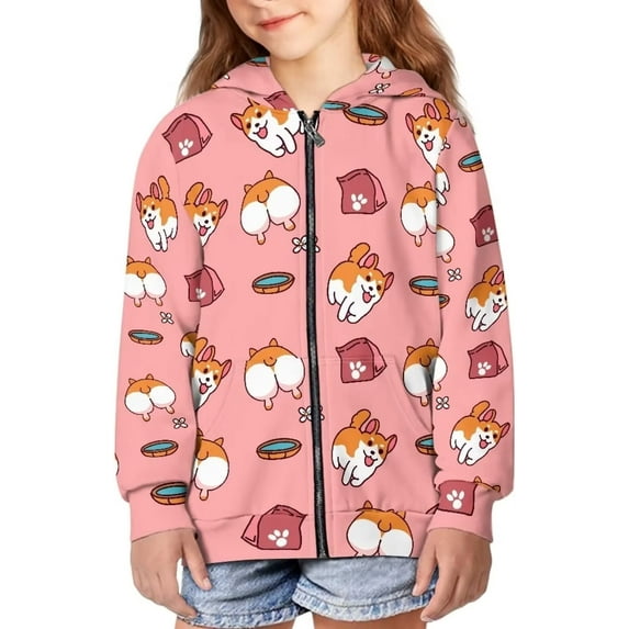 Suhoaziia Cute Girls Zipper Hoodies for Child Size 8-10 Years Cartoon Corgi Dog Food Tops Breathable Drawstring Jackets Trendy Outdoor Activities Hoodie with Pocket