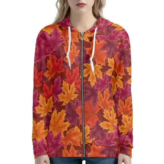Suhoaziia Fall Clothes for Women Maple Leaf Graphic Shirt Loose Casual All Over Print Coat Long Sleeve Zip Up Hoodies Thanksgiving Clothes with Pocket 3XL